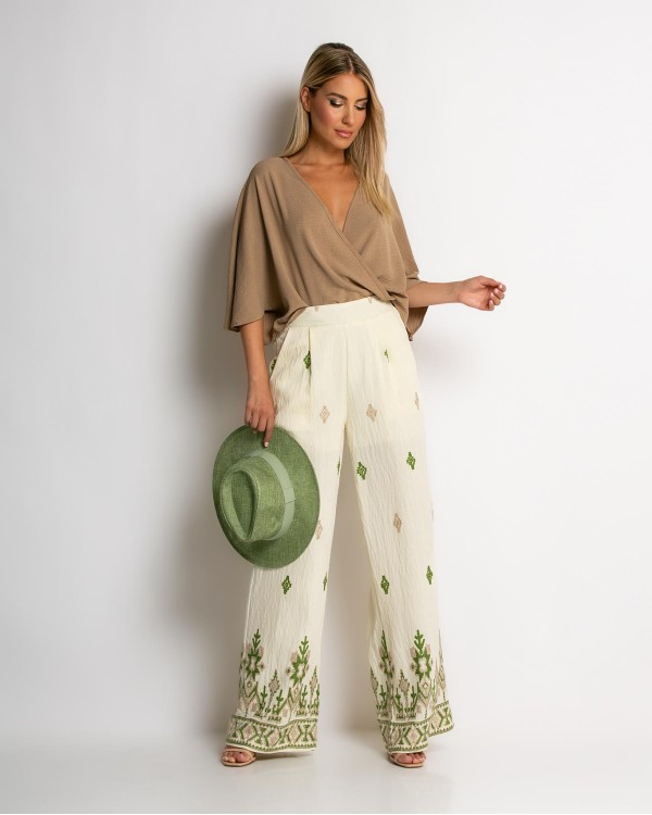Παντελόνα με boho print εκρού - χακί