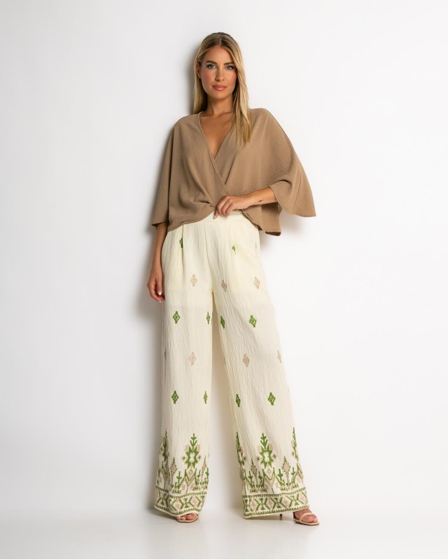 Παντελόνα με boho print εκρού - χακί