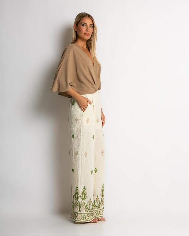 Παντελόνα με boho print εκρού - χακί