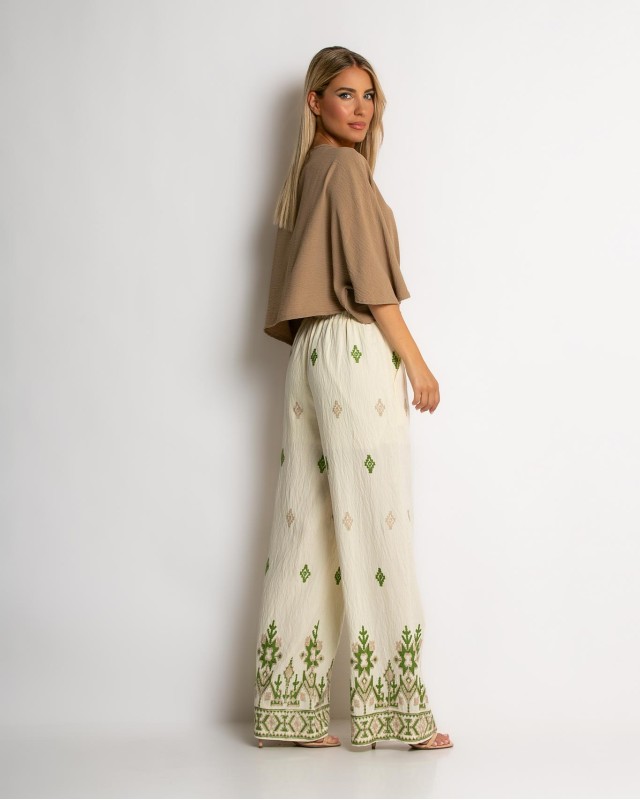 Παντελόνα με boho print εκρού - χακί