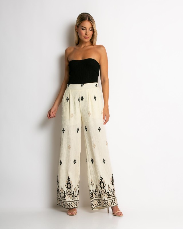 Παντελόνα με boho print εκρού - μαύρο Παντελόνα με boho print εκρού - μαύρο