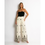 Παντελόνα με boho print εκρού - μαύρο
