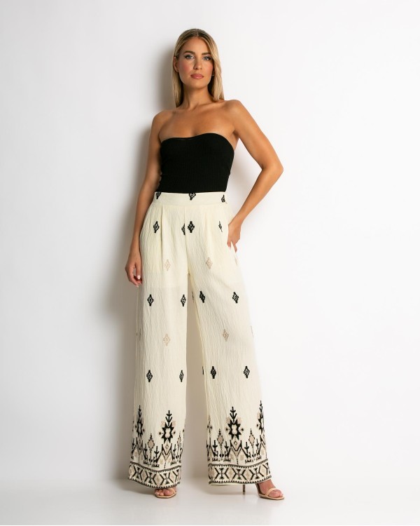 Παντελόνα με boho print εκρού - χακί