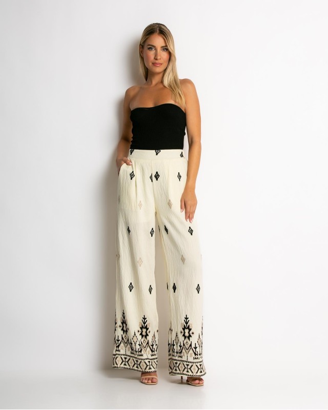 Παντελόνα με boho print εκρού - μαύρο Παντελόνα με boho print εκρού - μαύρο
