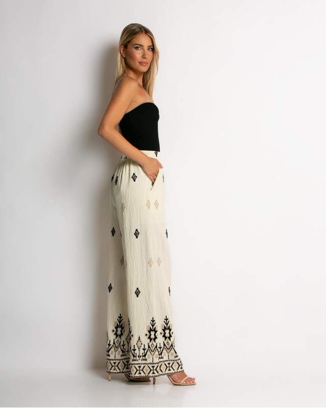 Παντελόνα με boho print εκρού - μαύρο Παντελόνα με boho print εκρού - μαύρο