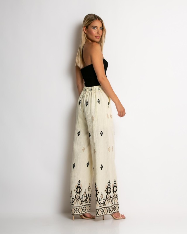 Παντελόνα με boho print εκρού - μαύρο Παντελόνα με boho print εκρού - μαύρο