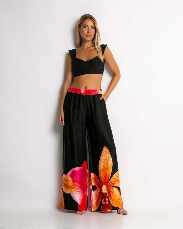 Παντελόνα με floral print μαύρο