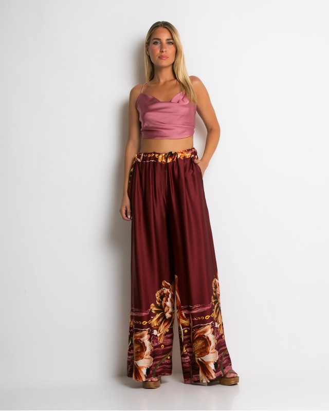 Παντελόνα με floral print κεραμιδί