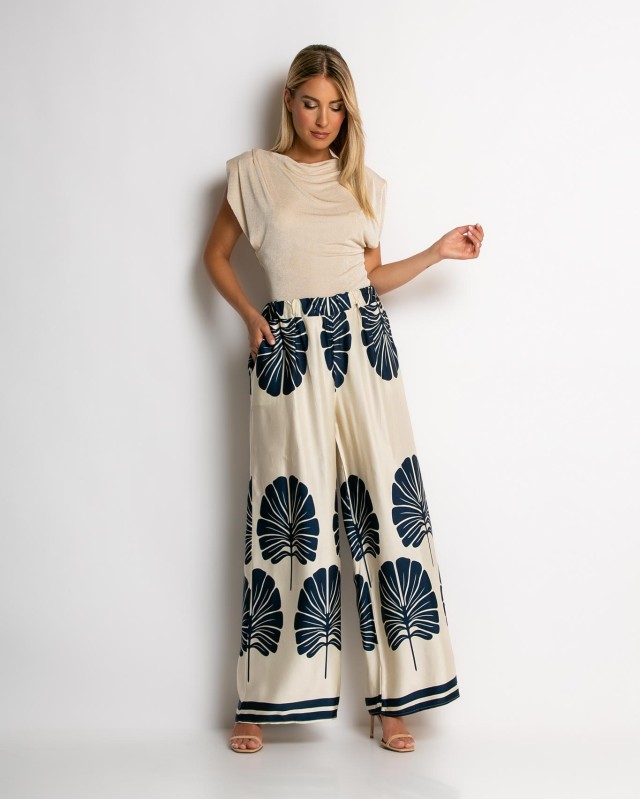 Παντελόνα με leaf print navy Παντελόνα με leaf print navy
