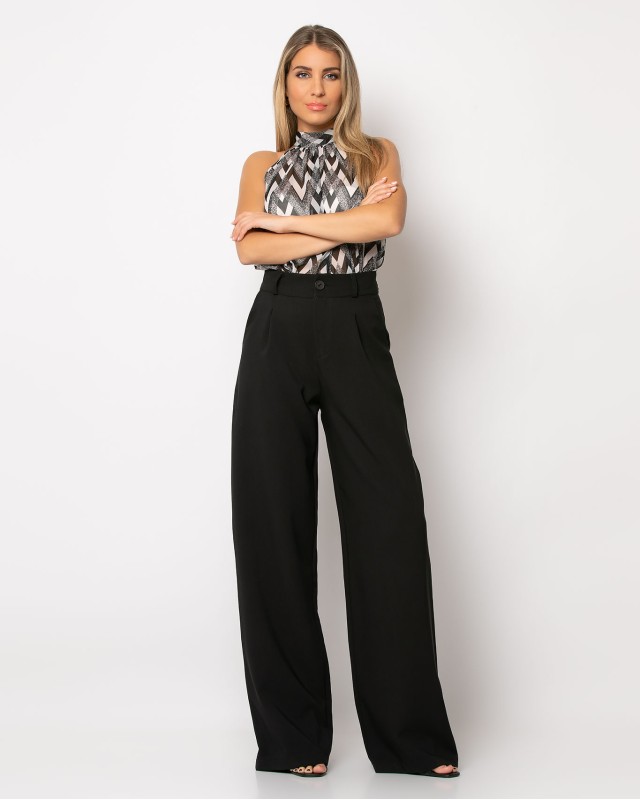 Παντελόνι φαρδύ με πιέτες μαύρο