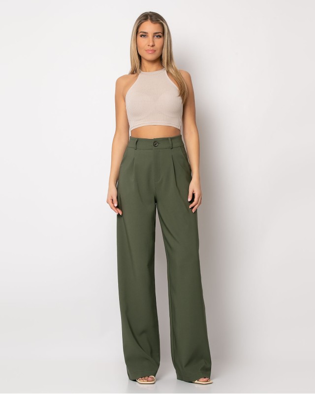 Παντελόνι φαρδύ με πιέτες χακί