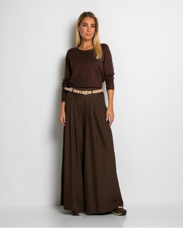 Παντελόνα ψηλόμεση με πιέτες καφέ