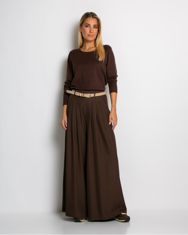 Παντελόνα ψηλόμεση με πιέτες καφέ