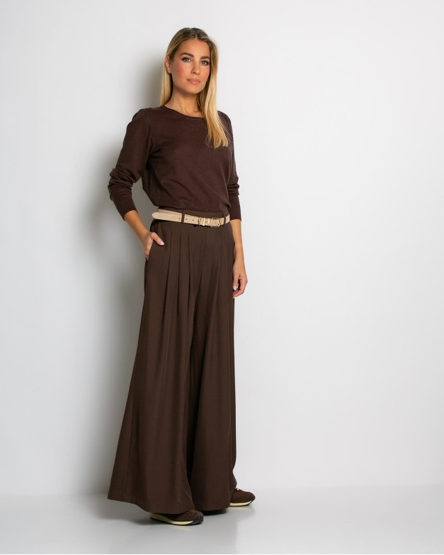 Παντελόνα ψηλόμεση με πιέτες καφέ