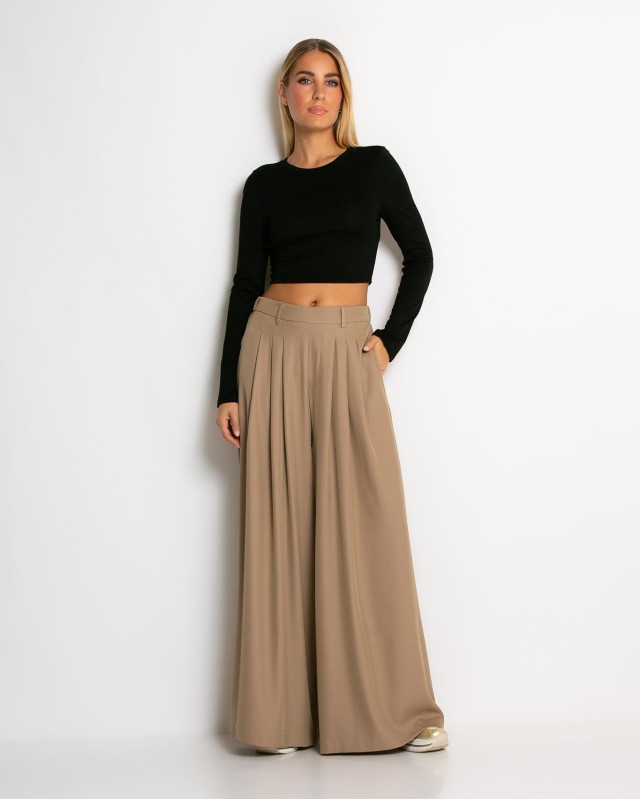 Παντελόνα ψηλόμεση με πιέτες ταμπά