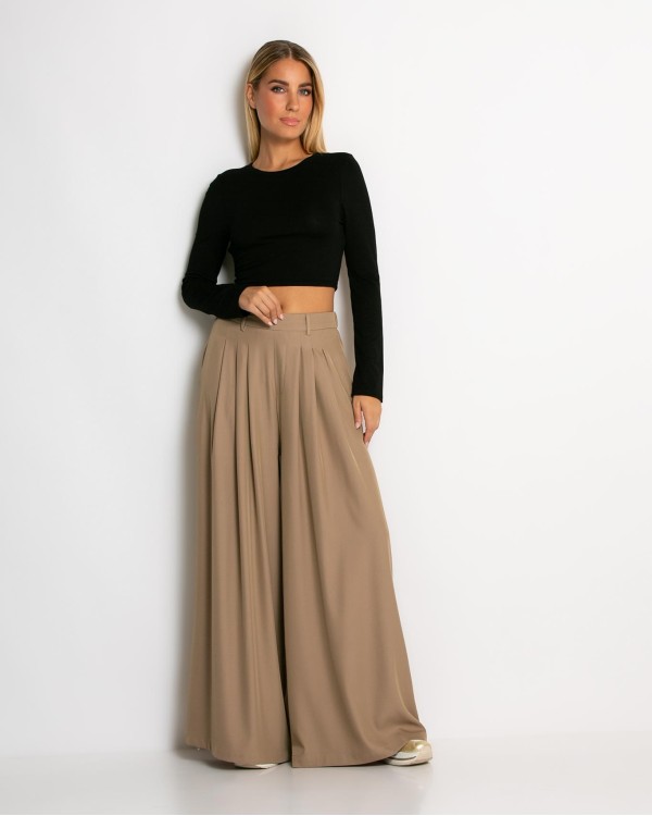 Παντελόνα ψηλόμεση με πιέτες καφέ