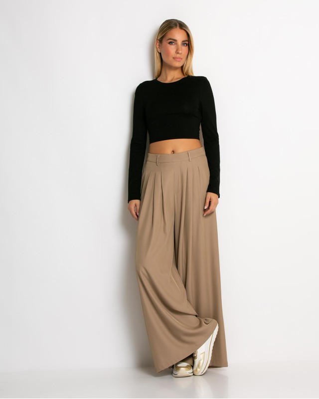 Παντελόνα ψηλόμεση με πιέτες ταμπά