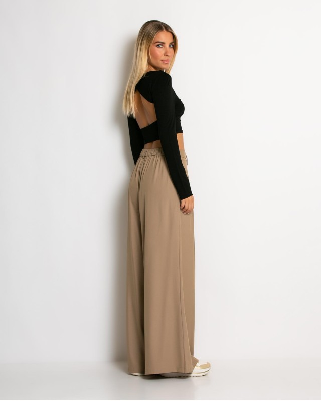 Παντελόνα ψηλόμεση με πιέτες ταμπά