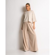 Παντελόνι φούτερ αχνούδιαστο σε φαρδιά γραμμή μπεζ