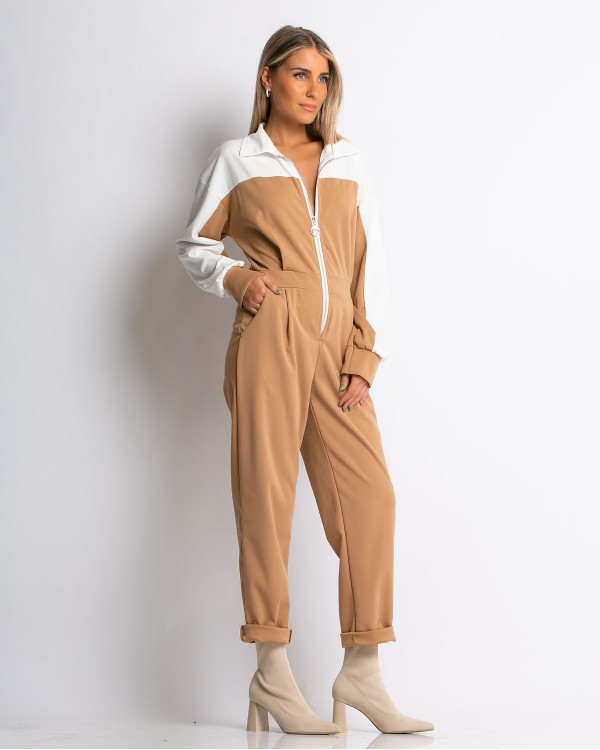 Ολόσωμη δίχρωμη φόρμα μακρυμάνικη μπεζ