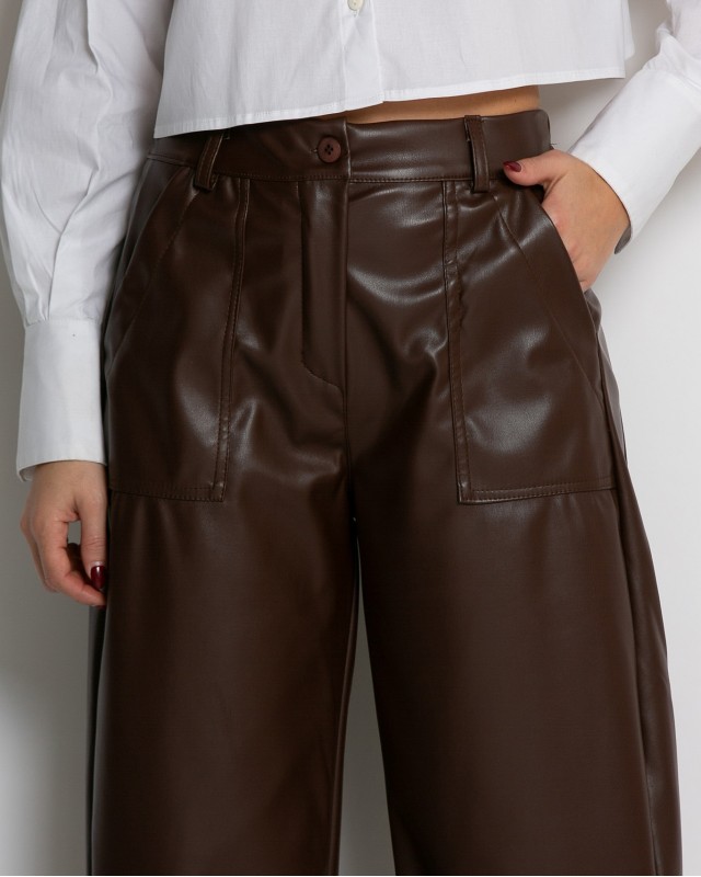 Παντελόνι δερματίνη ψηλόμεσο carrot καφέ