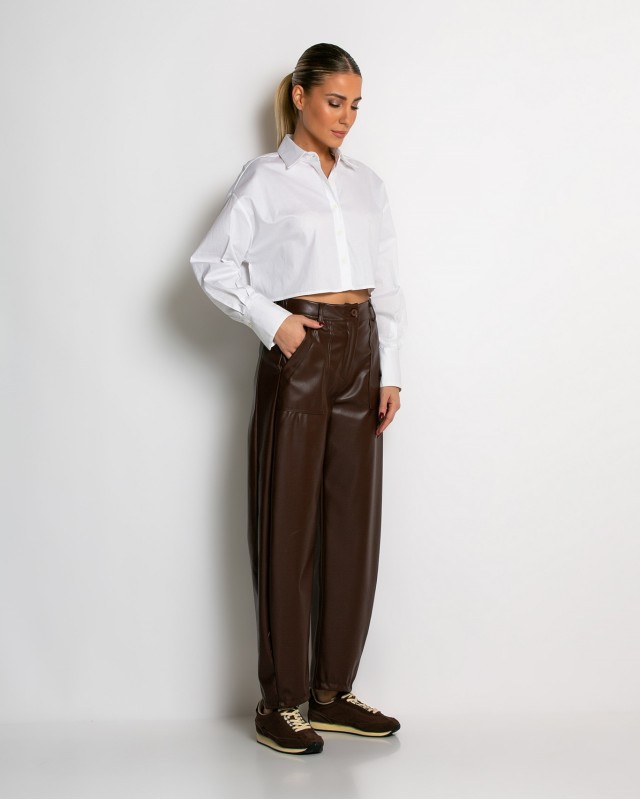 Παντελόνι δερματίνη ψηλόμεσο carrot καφέ