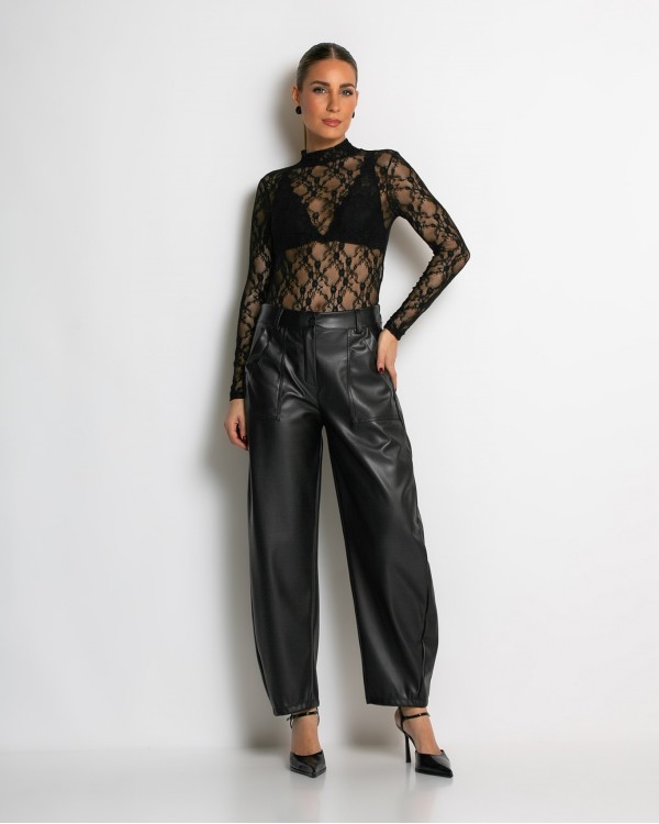 Παντελόνι δερματίνη ψηλόμεσο carrot καφέ