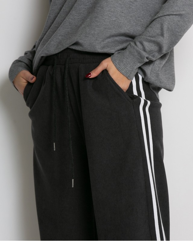 Παντελόνι κοτλέ με λάστιχο και ρίγες στο πλάι ανθρακί