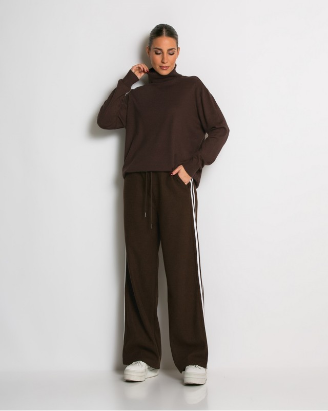 Παντελόνι κοτλέ με λάστιχο και ρίγες στο πλάι καφέ