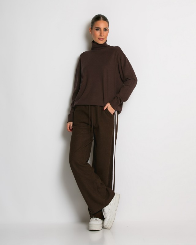 Παντελόνι κοτλέ με λάστιχο και ρίγες στο πλάι καφέ