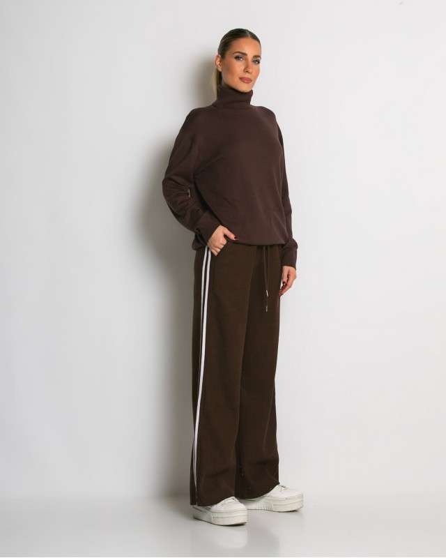 Παντελόνι κοτλέ με λάστιχο και ρίγες στο πλάι καφέ