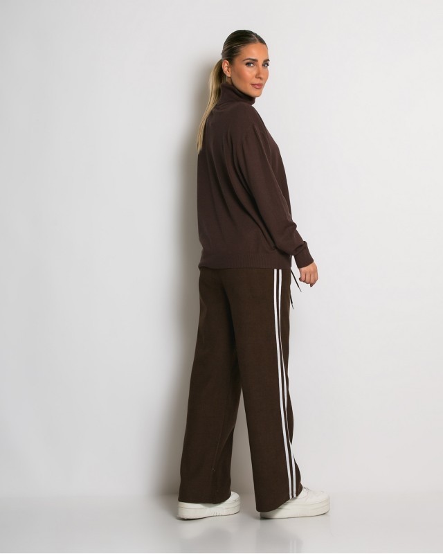 Παντελόνι κοτλέ με λάστιχο και ρίγες στο πλάι καφέ