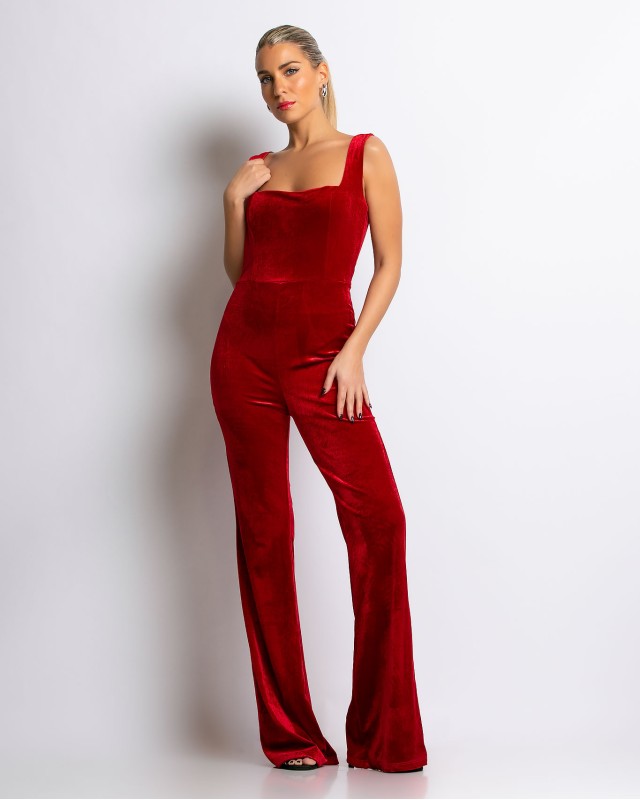 Ολόσωμη φόρμα αμάνικη βελουτέ κόκκινο