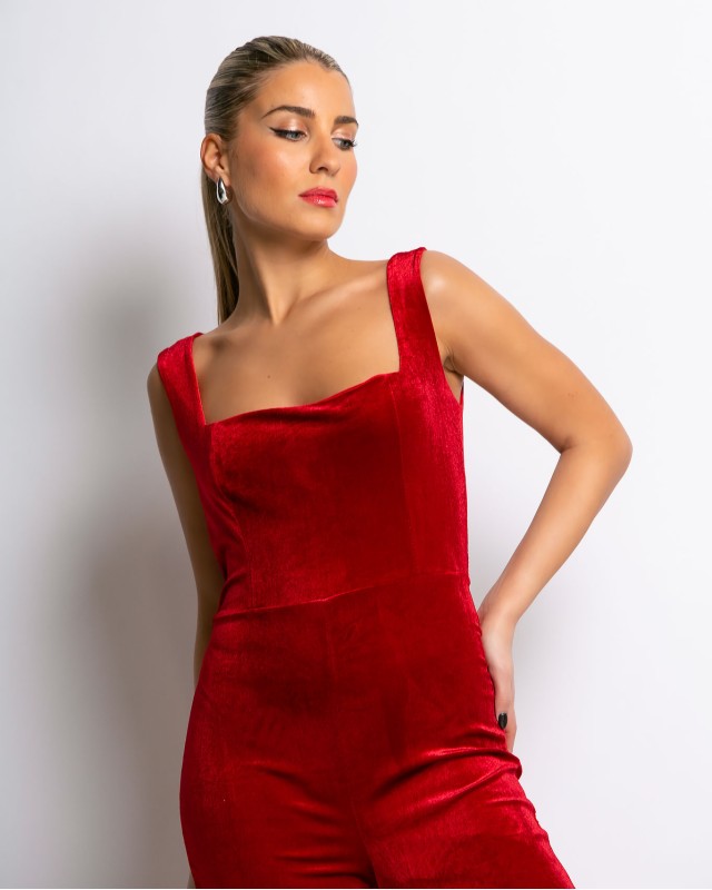 Ολόσωμη φόρμα αμάνικη βελουτέ κόκκινο