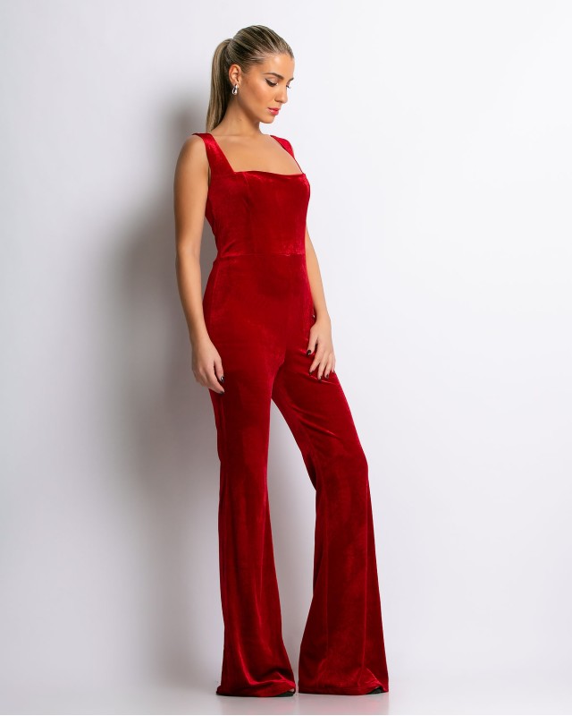 Ολόσωμη φόρμα αμάνικη βελουτέ κόκκινο