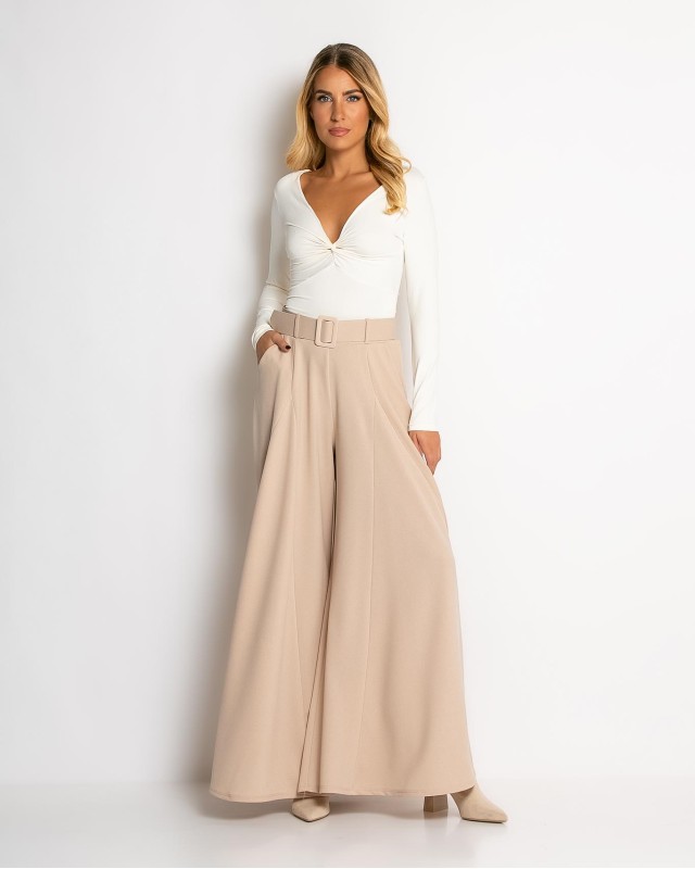 Παντελόνα ψηλόμεση με ζώνη μπεζ