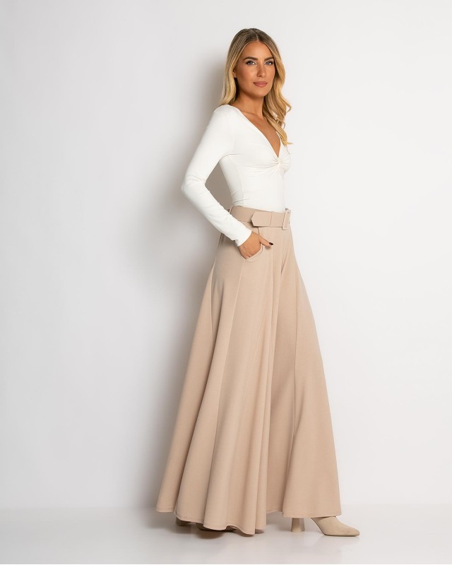 Παντελόνα ψηλόμεση με ζώνη μπεζ