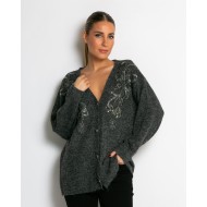 Πλεκτή ζακέτα με παγιέτες, απλικέ κέντημα και κουμπιά πέρλας ανθρακί