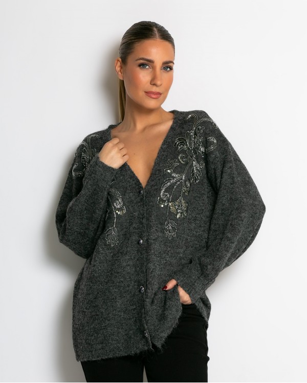 Πλεκτή ζακέτα με παγιέτες, απλικέ κέντημα και κουμπιά πέρλας γκρι ανοιχτό