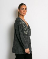 Πλεκτή ζακέτα με παγιέτες, απλικέ κέντημα και κουμπιά πέρλας ανθρακί