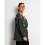 Πλεκτή ζακέτα με παγιέτες, απλικέ κέντημα και κουμπιά πέρλας ανθρακί