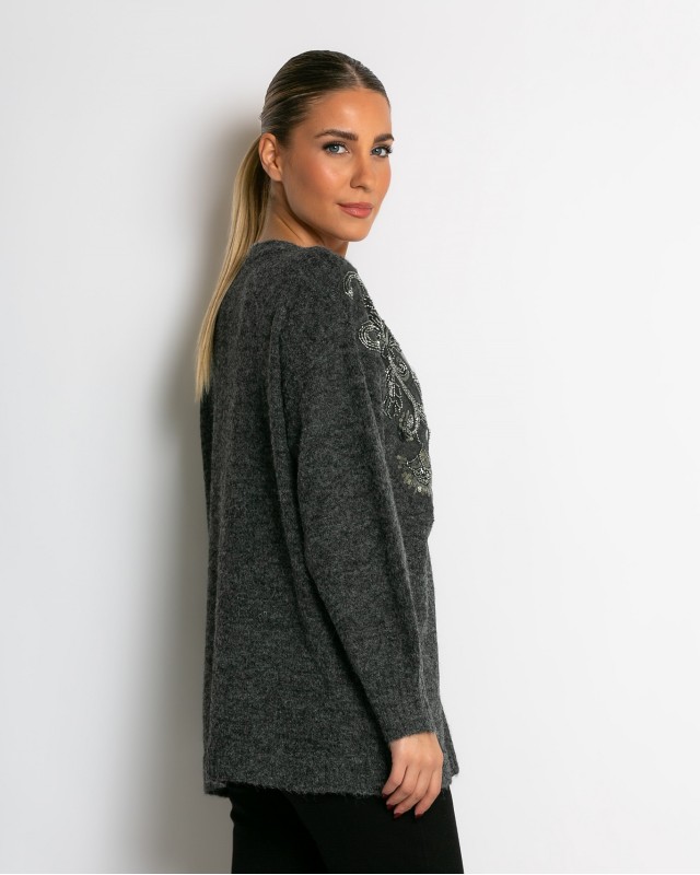 Πλεκτή ζακέτα με παγιέτες, απλικέ κέντημα και κουμπιά πέρλας ανθρακί