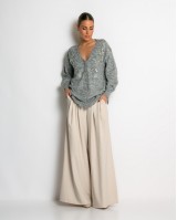 Πλεκτή ζακέτα με παγιέτες, απλικέ κέντημα και κουμπιά πέρλας γκρι ανοιχτό