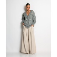 Πλεκτή ζακέτα με παγιέτες, απλικέ κέντημα και κουμπιά πέρλας γκρι ανοιχτό