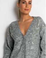 Πλεκτή ζακέτα με παγιέτες, απλικέ κέντημα και κουμπιά πέρλας γκρι ανοιχτό