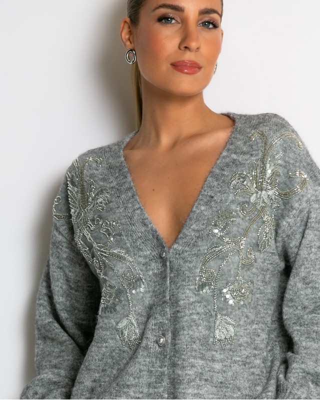 Πλεκτή ζακέτα με παγιέτες, απλικέ κέντημα και κουμπιά πέρλας γκρι ανοιχτό