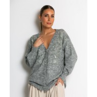 Πλεκτή ζακέτα με παγιέτες, απλικέ κέντημα και κουμπιά πέρλας γκρι ανοιχτό