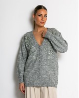 Πλεκτή ζακέτα με παγιέτες, απλικέ κέντημα και κουμπιά πέρλας γκρι ανοιχτό