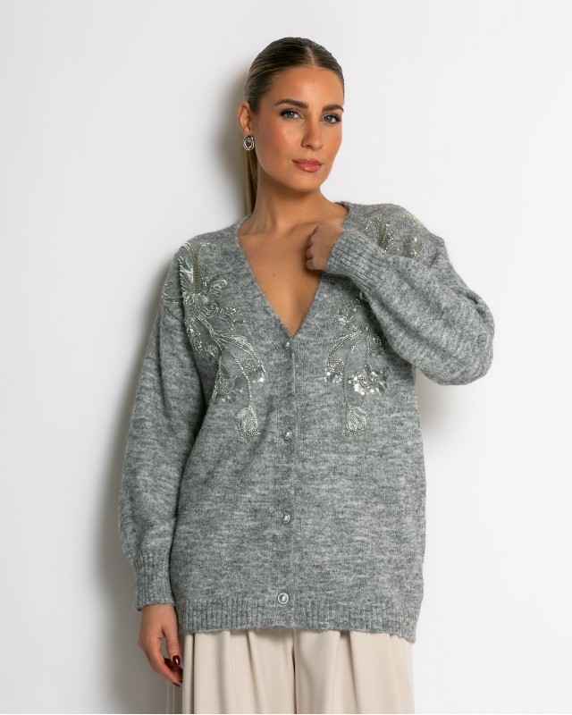 Πλεκτή ζακέτα με παγιέτες, απλικέ κέντημα και κουμπιά πέρλας γκρι ανοιχτό