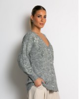 Πλεκτή ζακέτα με παγιέτες, απλικέ κέντημα και κουμπιά πέρλας γκρι ανοιχτό